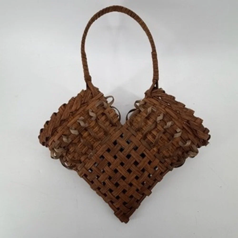 Handmade Woven Wood Heart Basket Brown Rustic Wall Hanging Decor 13.5 inch